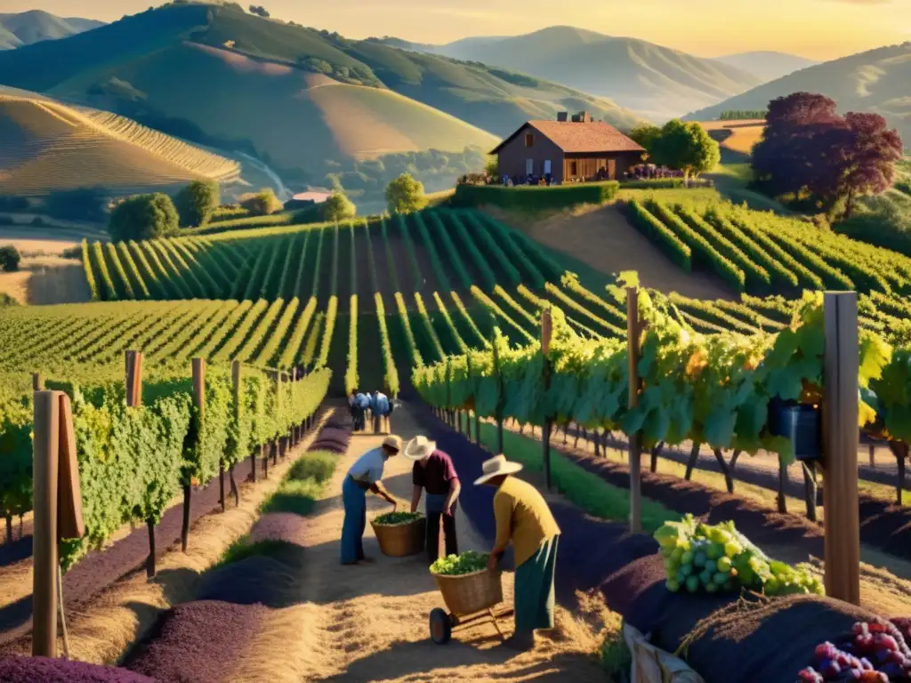 Una escena pintoresca de la vendimia en un viñedo bullicioso, con trabajadores recolectando uvas maduras bajo el resplandor dorado del sol