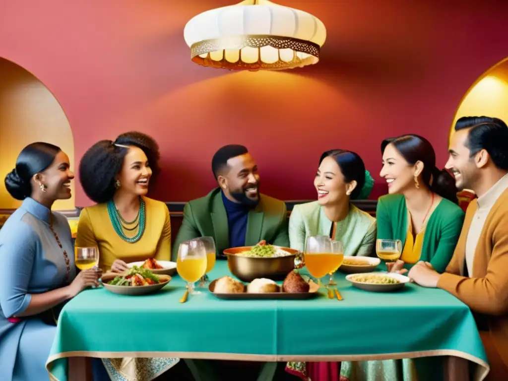 Una escena publicitaria vintage con personas de diferentes culturas compartiendo comida y conversación en un restaurante acogedor