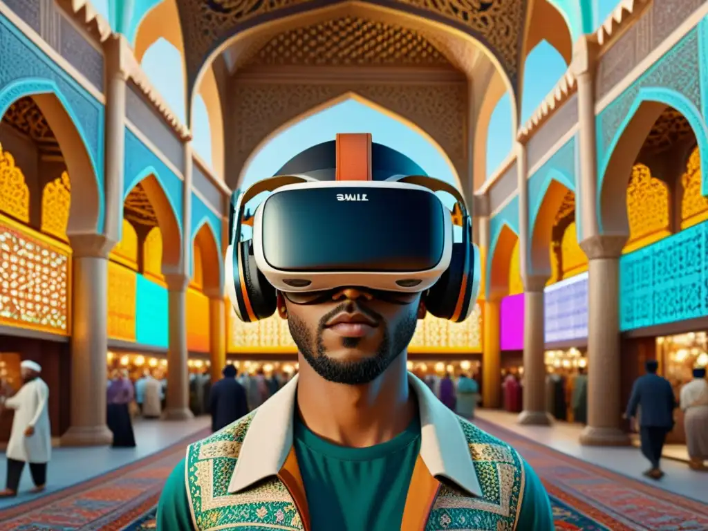Realidad virtual con patrones islámicos Escena de realidad virtual con patrones islámicos, mercado bullicioso, arquitectura ornamental y colores vibrantes