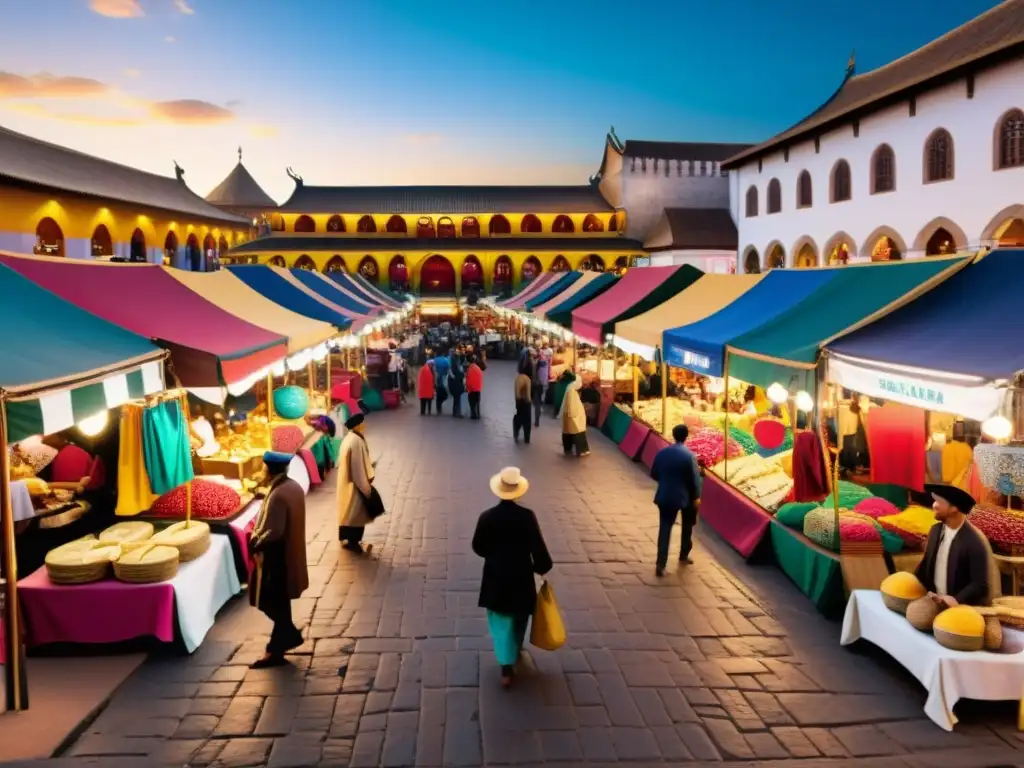 Escena de realidad virtual con patrones culturales en un animado mercado, artesanías y entretenimiento callejero