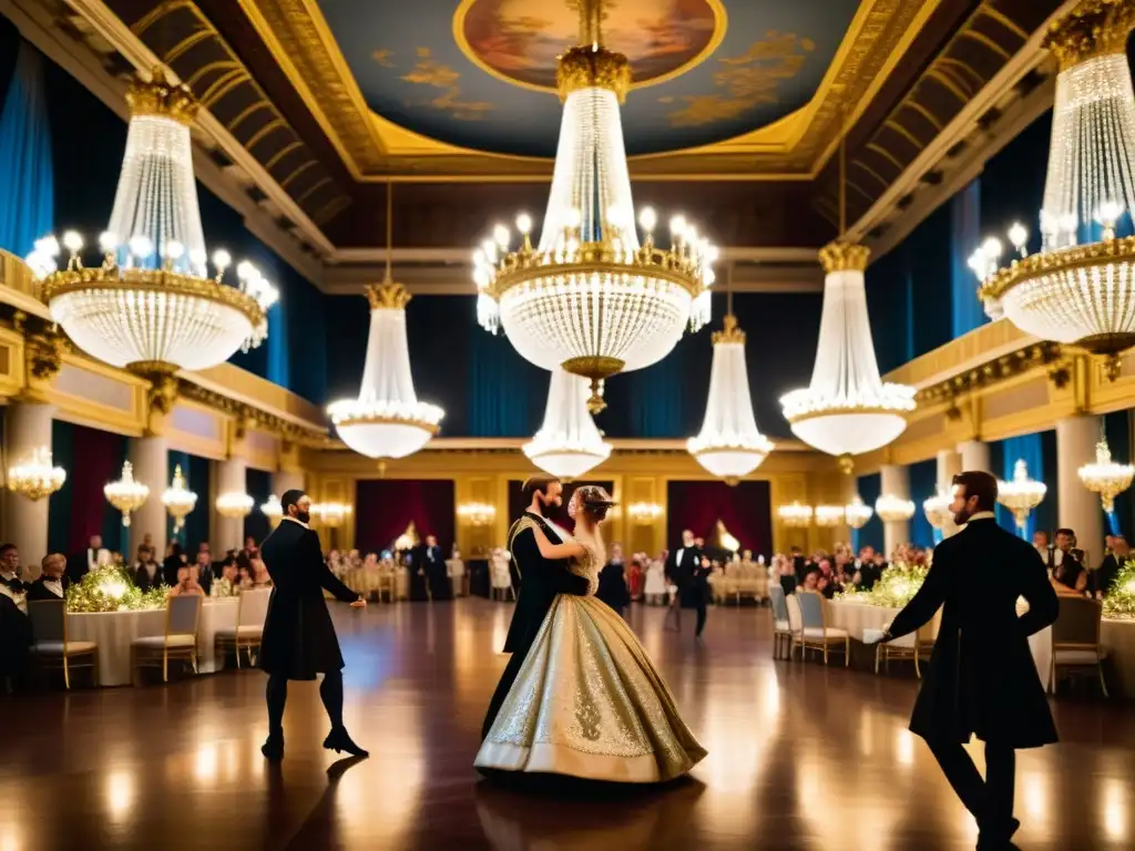 Una escena renacentista lujosa con nobles elegantemente vestidos bailando en un salón, reflejando patrones artísticos en la danza renacentista