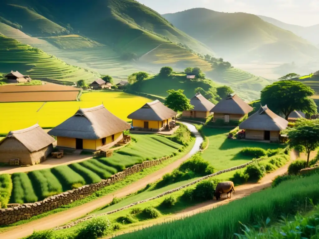 Una escena rural vintage de casas con techos de paja en colinas verdes