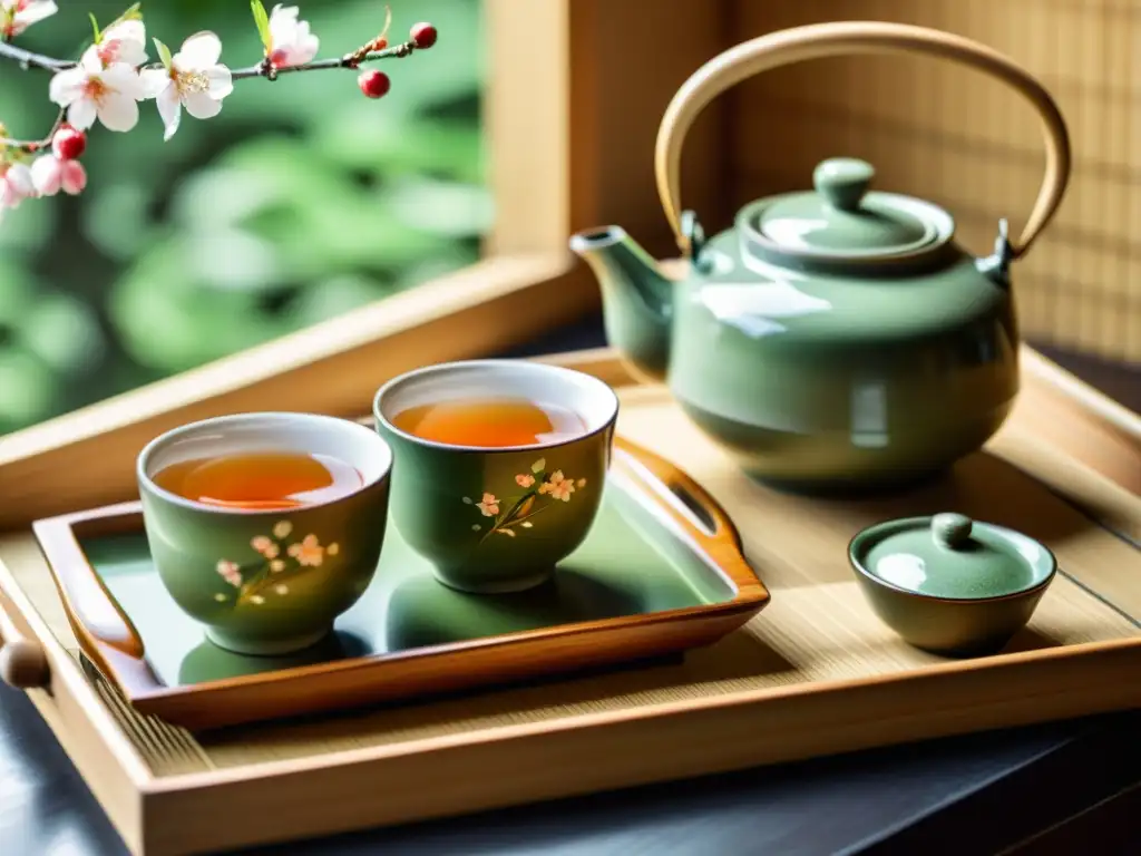 Una escena tranquila muestra un juego de té japonés con motivos de flor de cerezo, rodeado de elementos naturales