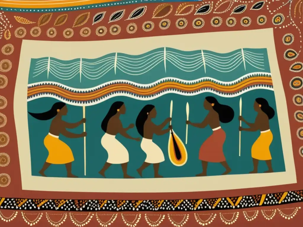 Una escena de tribu aborigen creando patrones artísticos en tela con tintes naturales y herramientas tradicionales, transmitiendo su herencia cultural