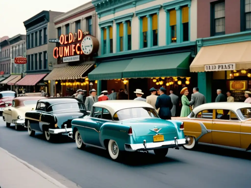 Una escena urbana bulliciosa de los años 50, con autos antiguos estacionados, personas paseando y tiendas con letreros clásicos