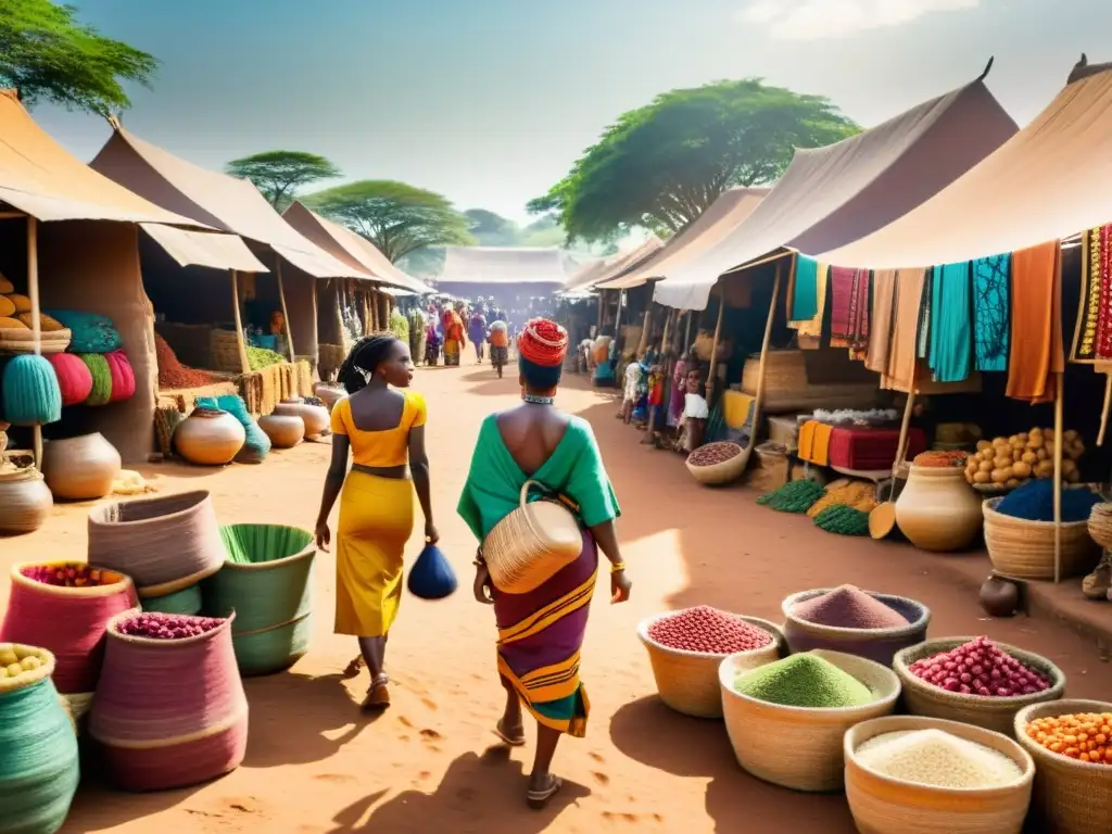 Escena vibrante de un bullicioso mercado africano con mujeres vendiendo textiles tradicionales en tonos tierra