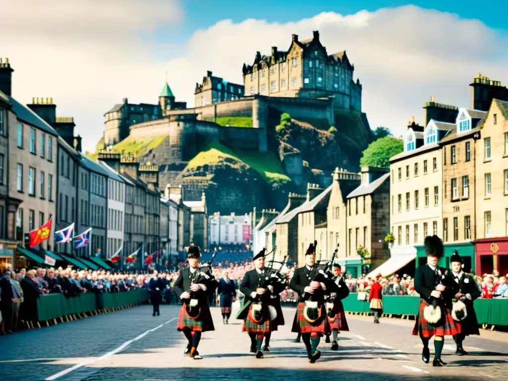 Escena vibrante del Festival de Edimburgo con tradición del tartán escocés, gente y gaiteros en la calle