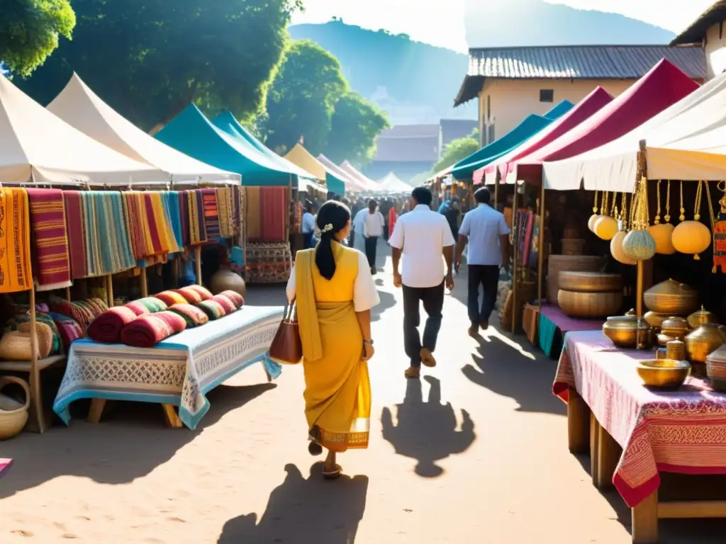 Una escena vibrante de un mercado vintage con textiles y artesanías tradicionales en puestos de madera