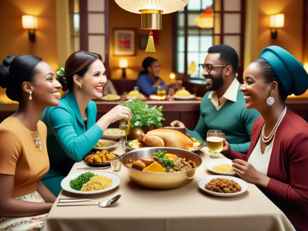 Una escena vintage de diversidad cultural y celebración en un restaurante cálido