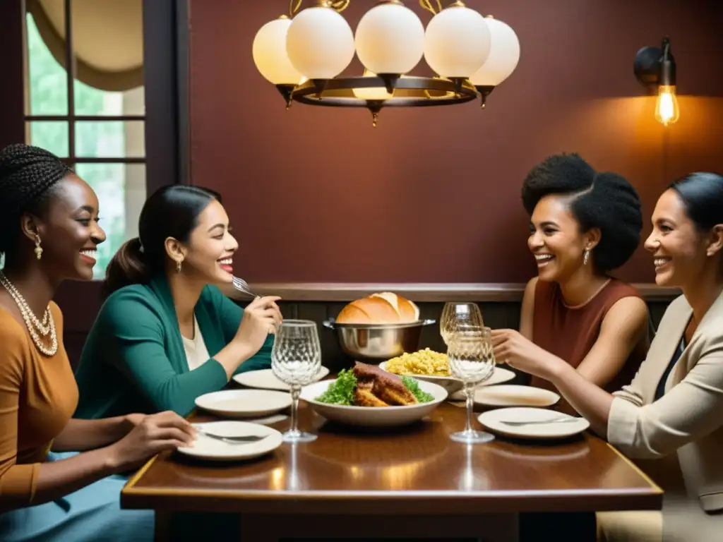 Una escena vintage de diversidad cultural en un restaurante acogedor, con intercambio y unión de patrones culturales en marketing de contenidos