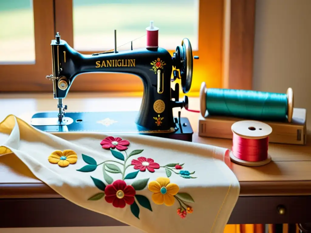 Una escena vintage de una máquina de coser tradicional con patrones florales intrincados, bañada por la cálida luz del sol