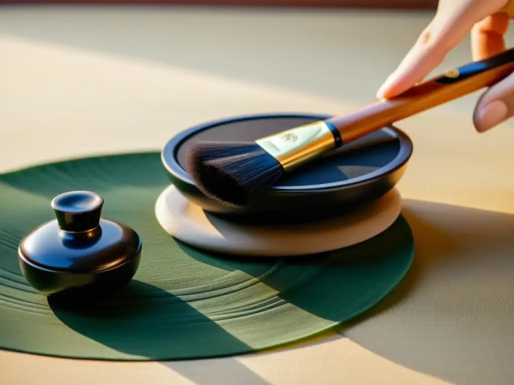 Una escena vintage de un set de caligrafía coreana con patrones delicados, iluminada suavemente por la luz natural