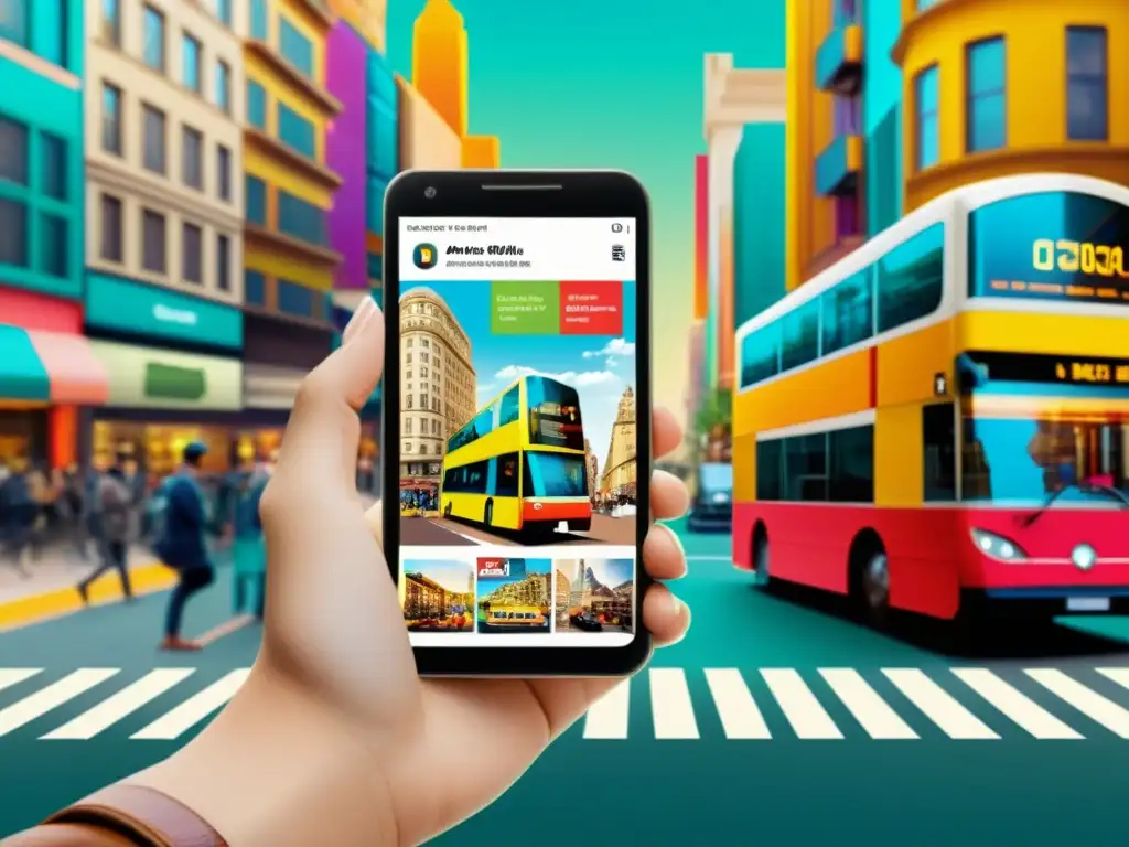 Publicidad móvil vibrante en la ciudad Una escena vintage con un teléfono móvil mostrando patrones artísticos en publicidad, integrados en la vida urbana