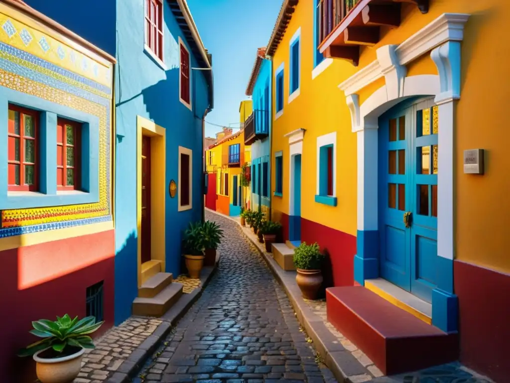 Un escenario urbano vintage vibrante con casas coloridas y patrones de mosaico en las paredes