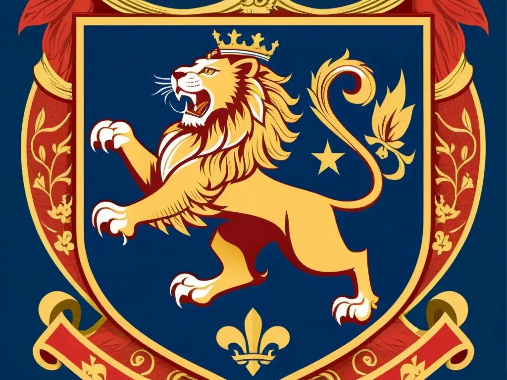 Un escudo heráldico europeo detallado con leones, águilas, flor de lis y ornamentos intrincados en tonos rojo, dorado y azul