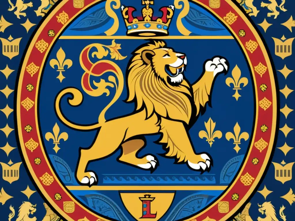 Un escudo heráldico medieval detallado con leones, flores de lis y patrones geométricos en colores vibrantes