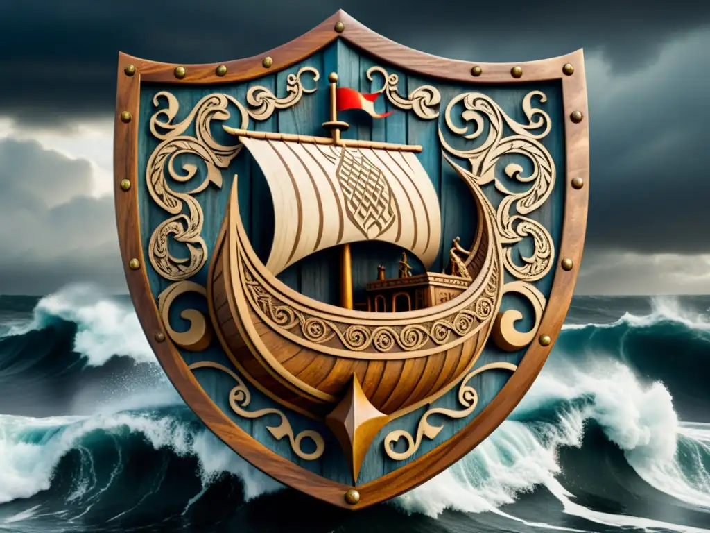 Escudo de madera con detallado barco vikingo esculpido, patrones vikingos en el arte, mar tormentoso y nubes dramáticas