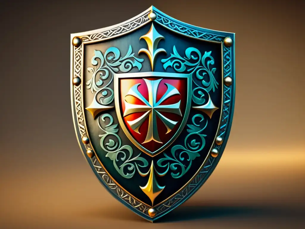 Escudo medieval detallado: artesanía y diseño histórico Un escudo medieval ricamente decorado con intrincados patrones de diseño, exhibiendo la artesanía en armas medievales