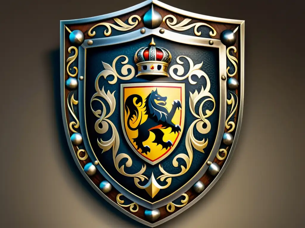 Escudo medieval detallado: arte y funcionalidad Un escudo medieval detallado con patrones de diseño en armas medievales, evocando nostalgia y autenticidad