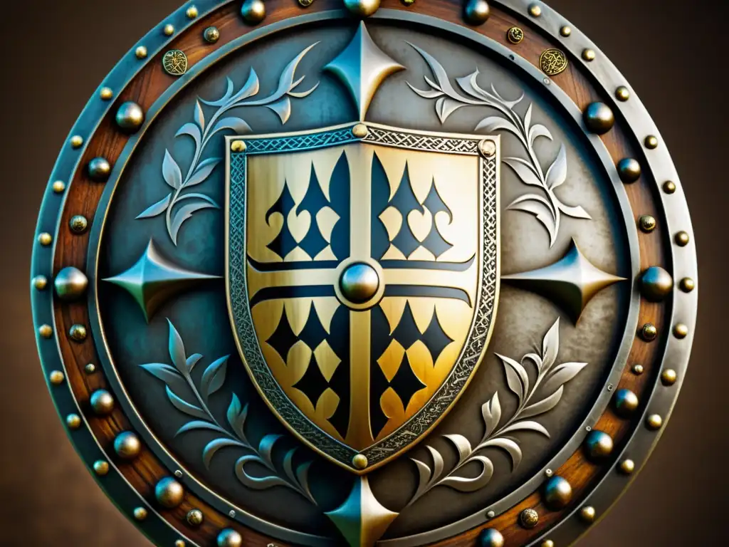 Escudo medieval en alta resolución: artesanía y estrategia de combate Un escudo medieval envejecido con intrincados patrones de diseño, reflejando la artesanía en las armas de la época