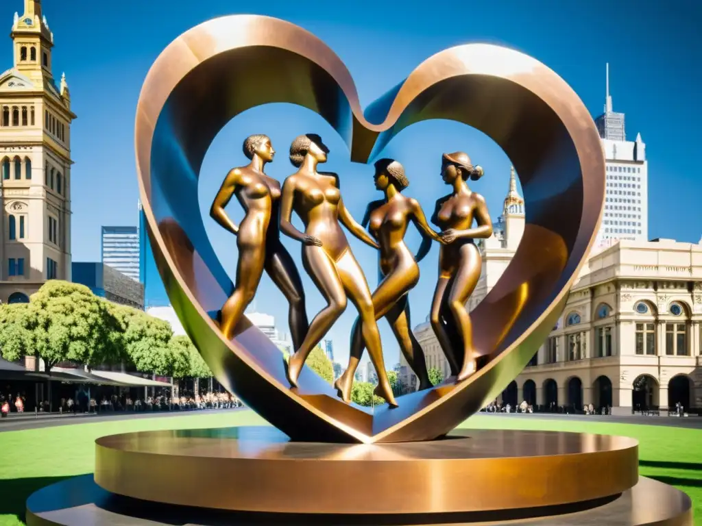 Una escultura de bronce en el corazón de Melbourne, con patrones urbanos y detalles culturales vibrantes