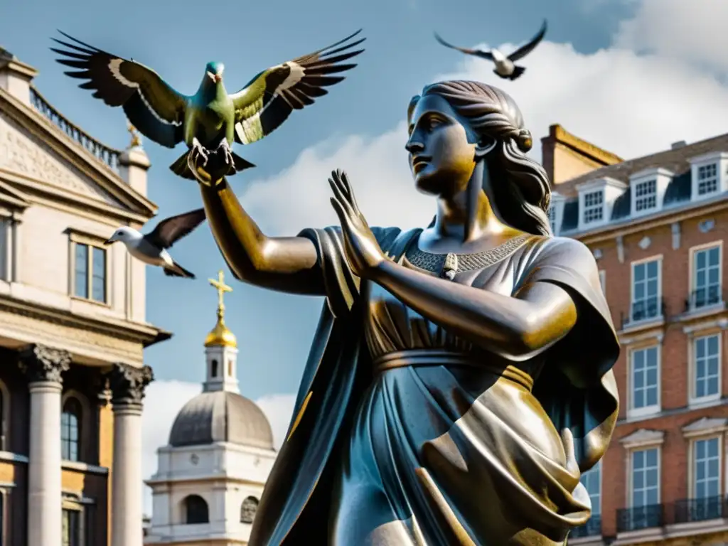 Escultura de bronce desgastada en plaza urbana de Melbourne, con palomas