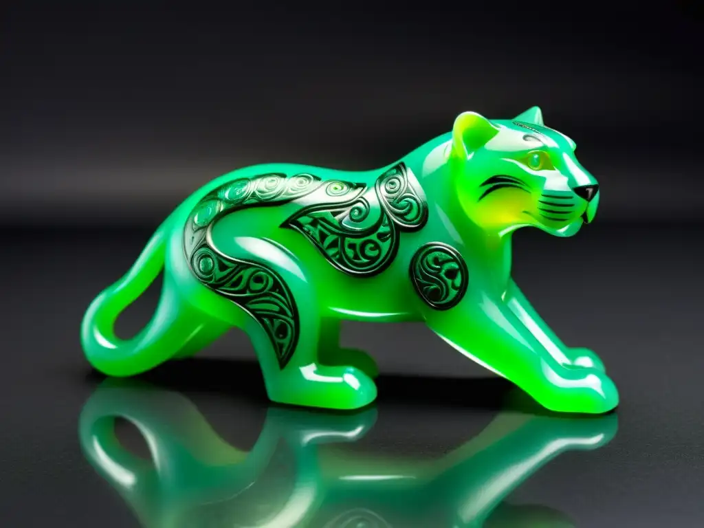 Escultura de jade mesoamericano de un jaguar cuyo significado en culturas simboliza poder y agilidad, con ojos de obsidiana y patrones intrincados