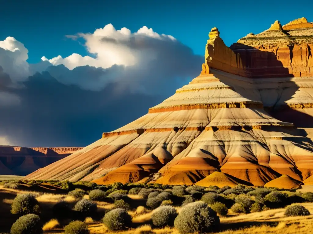 Escultura natural moldeada por erosión: formación rocosa impresionante bajo un cielo dramático, resaltando su belleza atemporal