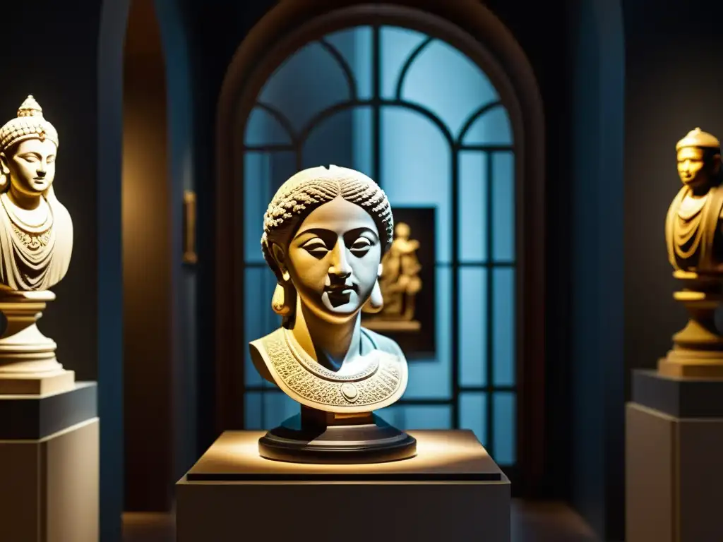 Una escultura ornamentada se escanea en 3D en un museo con iluminación dramática, fusionando tradición artística con impresión 3D