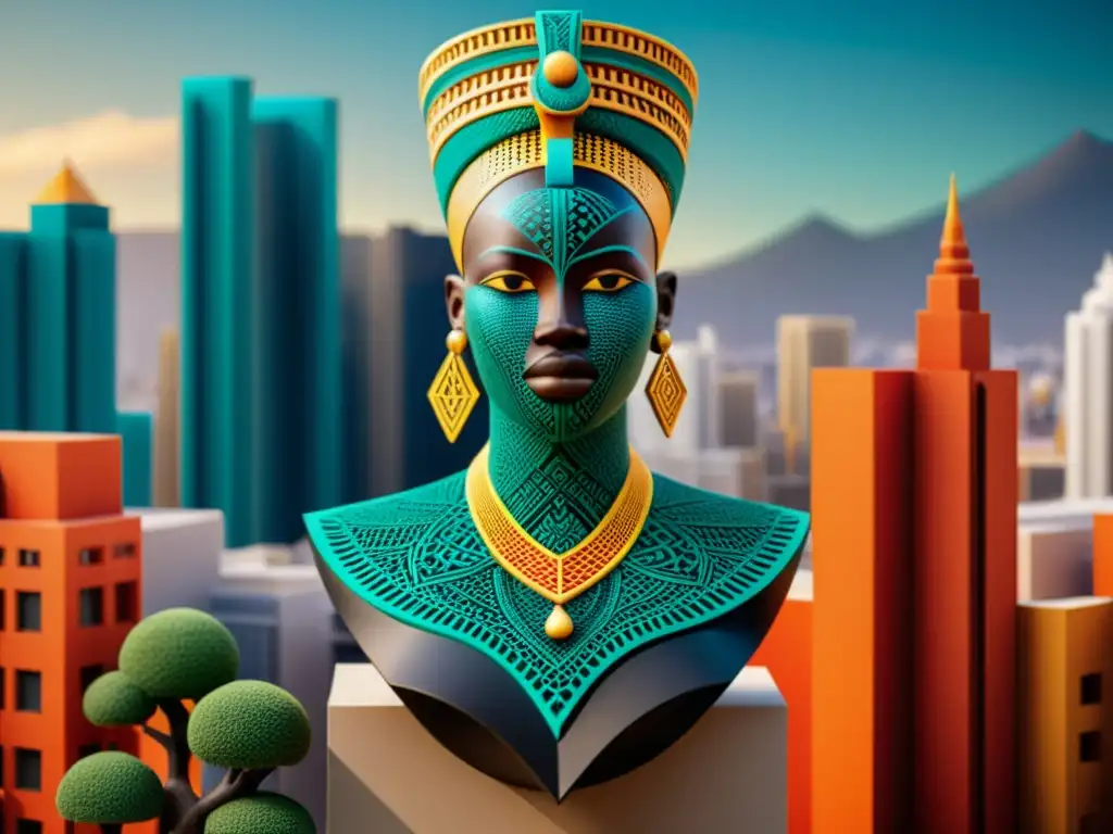 Escultura 3D africana: Tradición y modernidad Escultura 3D con patrones africanos en contraste con la arquitectura urbana moderna, fusionando tradición e innovación