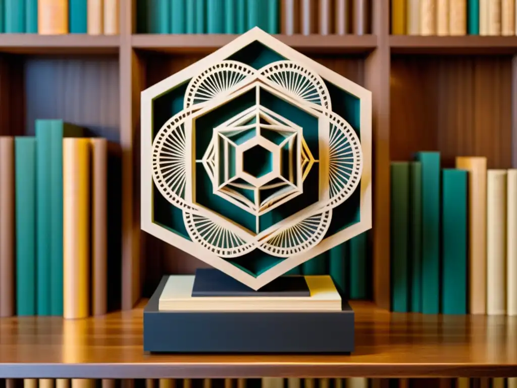 Escultura 3D vintage con patrón geométrico Escultura de patrones artísticos impresión 3D en pedestal de madera, entre libros de arte y ciencia, iluminada con suaves sombras