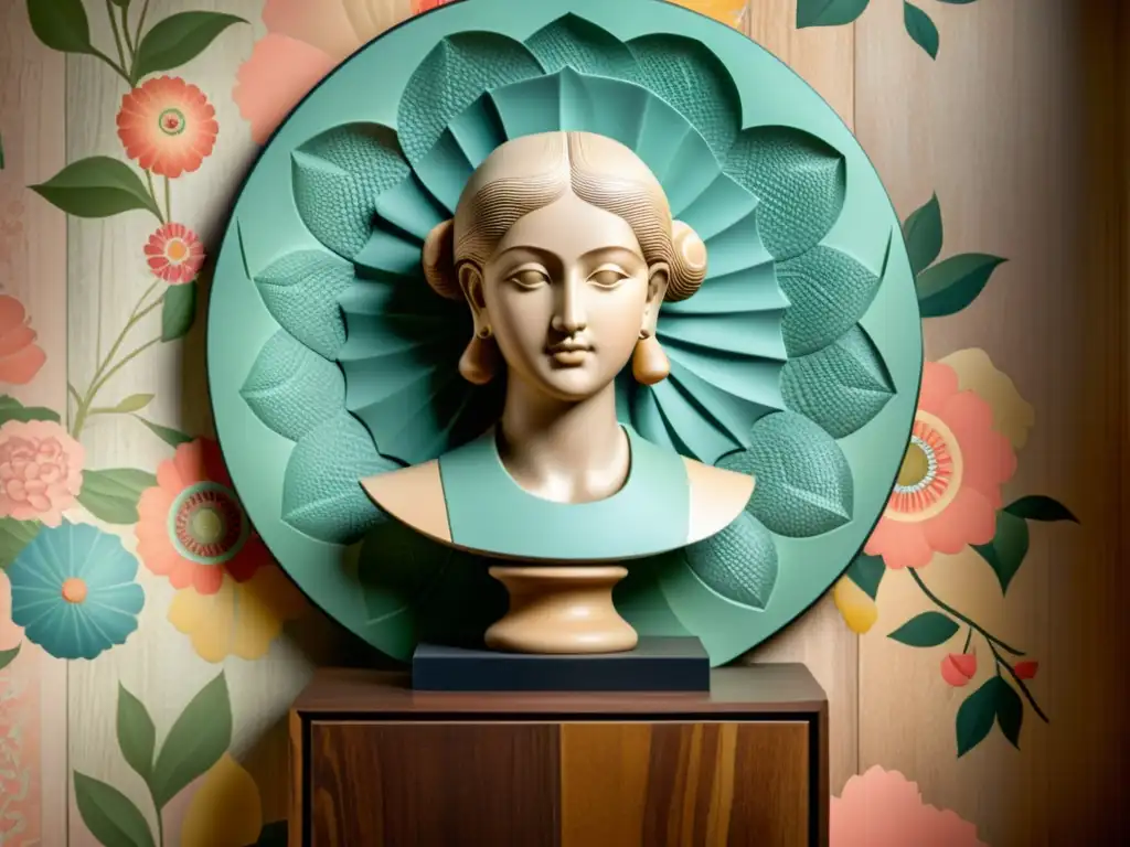 Escultura en impresión 3D con patrones multidimensionales en colores pasteles sobre pedestal de madera, en ambiente nostálgico y artístico vintage