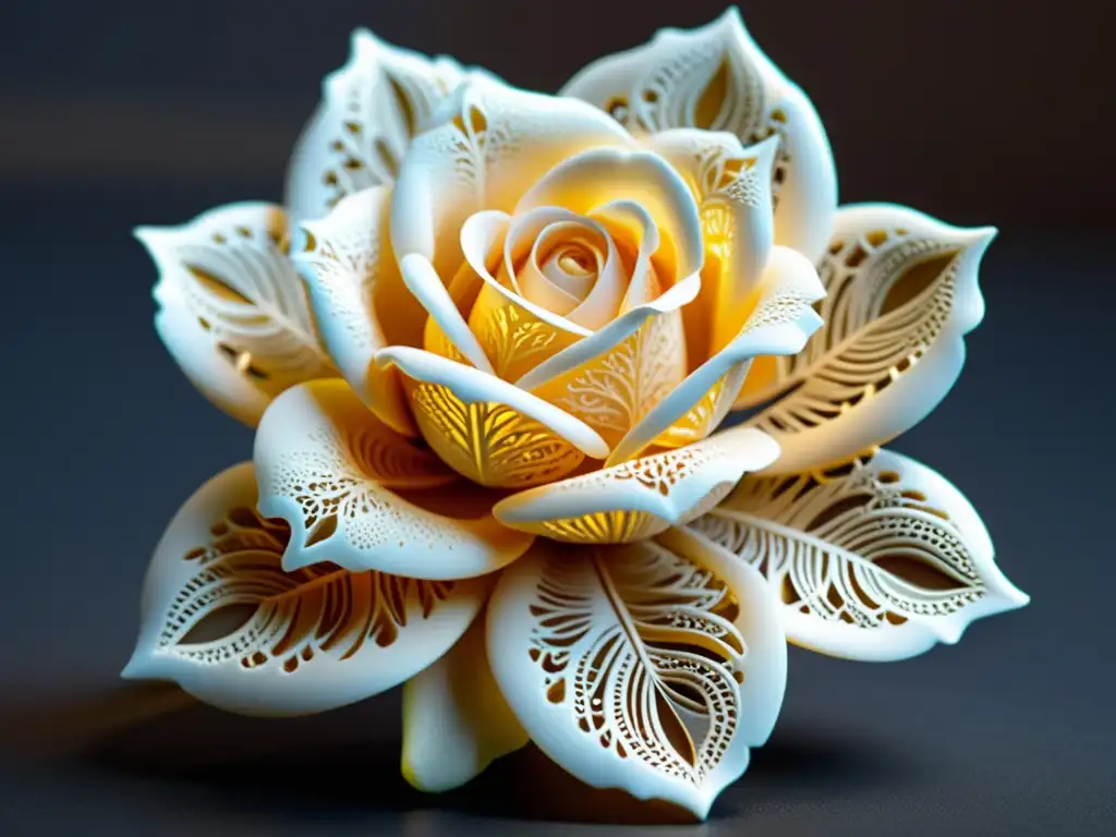 Escultura vintage en 3D de una rosa detallada, con patrones geométricos