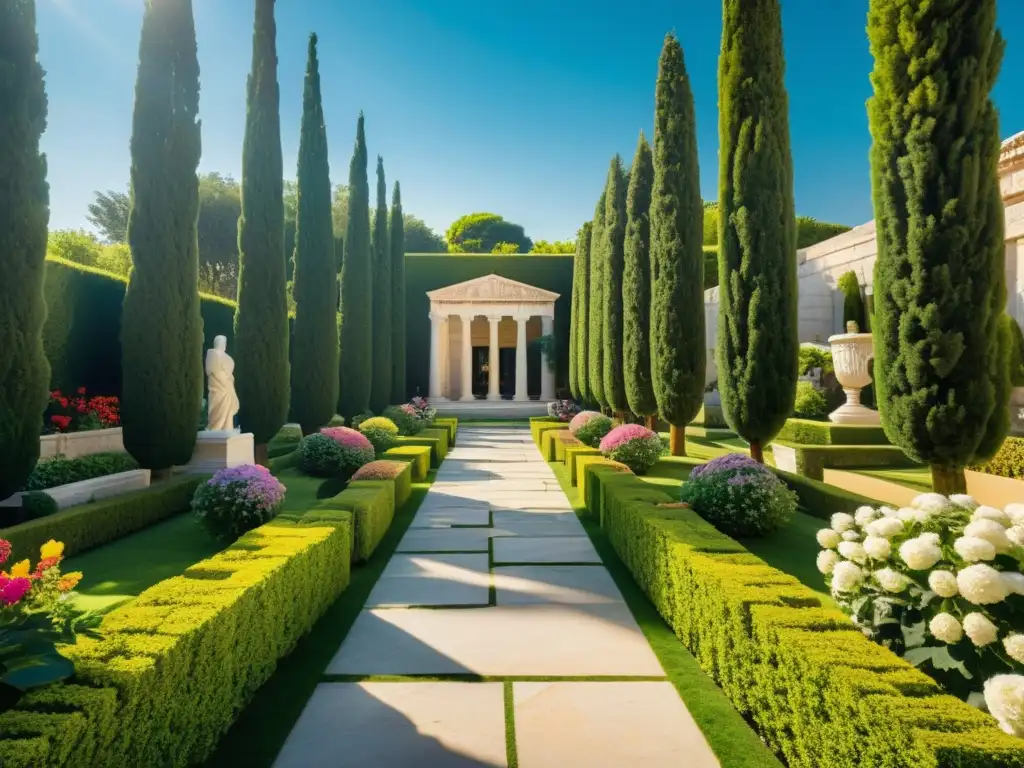 Jardín greco-romano con esculturas y vegetación exuberante, evocando la serenidad de antiguos jardines mediterráneos