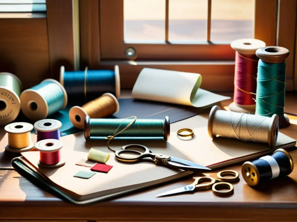 Un espacio de trabajo de artista vintage con escritorio de madera desgastado, hilos de colores, tijeras antiguas, telas estampadas y luz solar