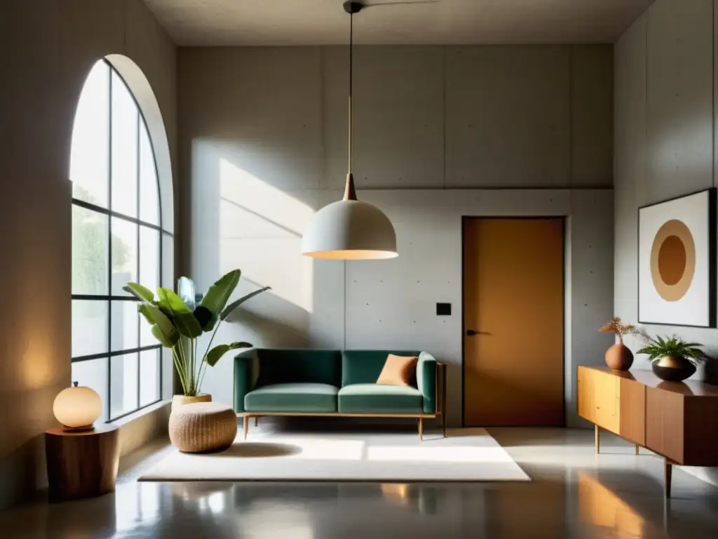 Espacio vintage con patrones modernistas arquitectura interiores, muebles minimalistas y luz natural suave