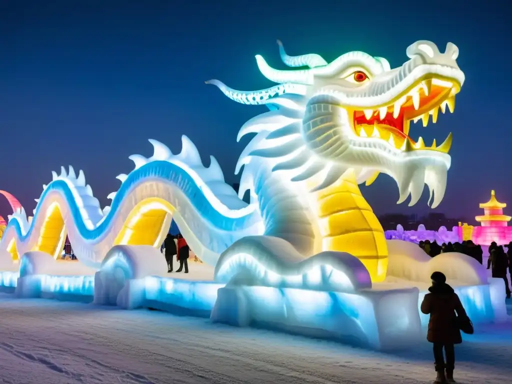 Espectacular escultura de dragón iluminada en el Festival de Harbin, con patrones esculturales detallados y mágica atmósfera nocturna