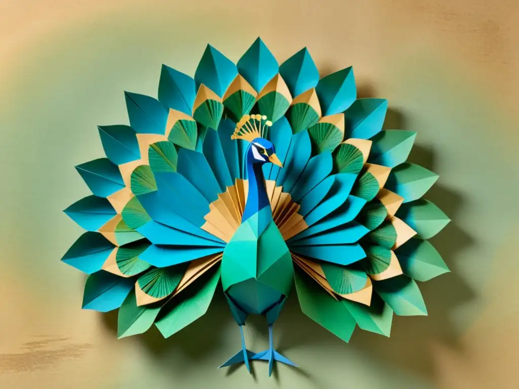 Espectacular escultura de origami de pavo real sobre pergamino vintage