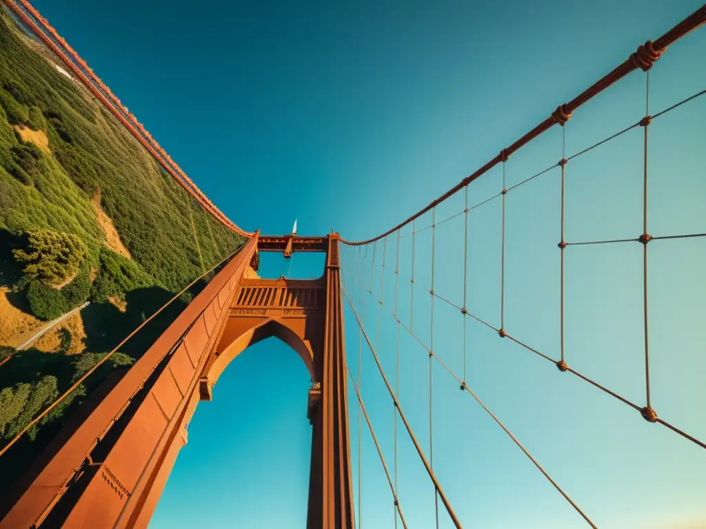 Espectacular foto vintage del icónico Puente Golden Gate en San Francisco, resaltando los patrones arquitectónicos y la grandeza de sus pilares