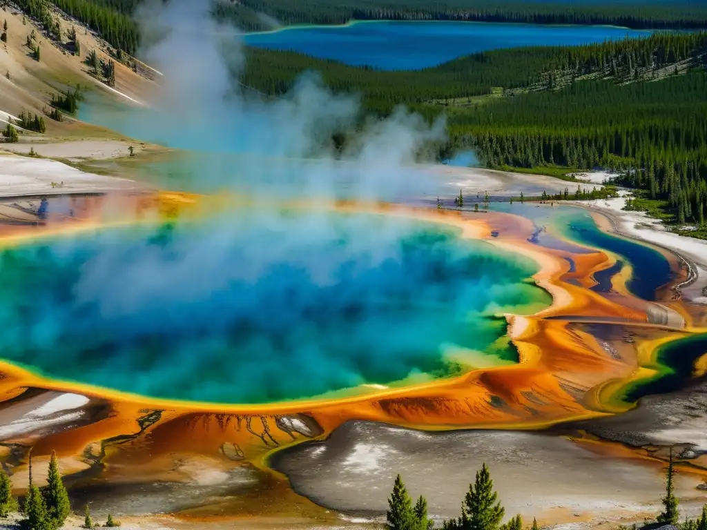 Espectacular vista vintage de la icónica Gran Prismatic Spring en el Parque Nacional Yellowstone, resaltando sus colores naturales y patrones únicos