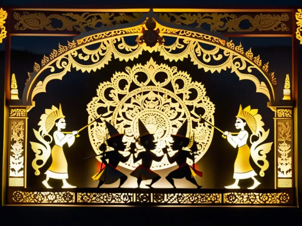 Espectáculo de Wayang Kulit balinés con patrones artísticos en las sombras de elaboradas marionetas de cuero