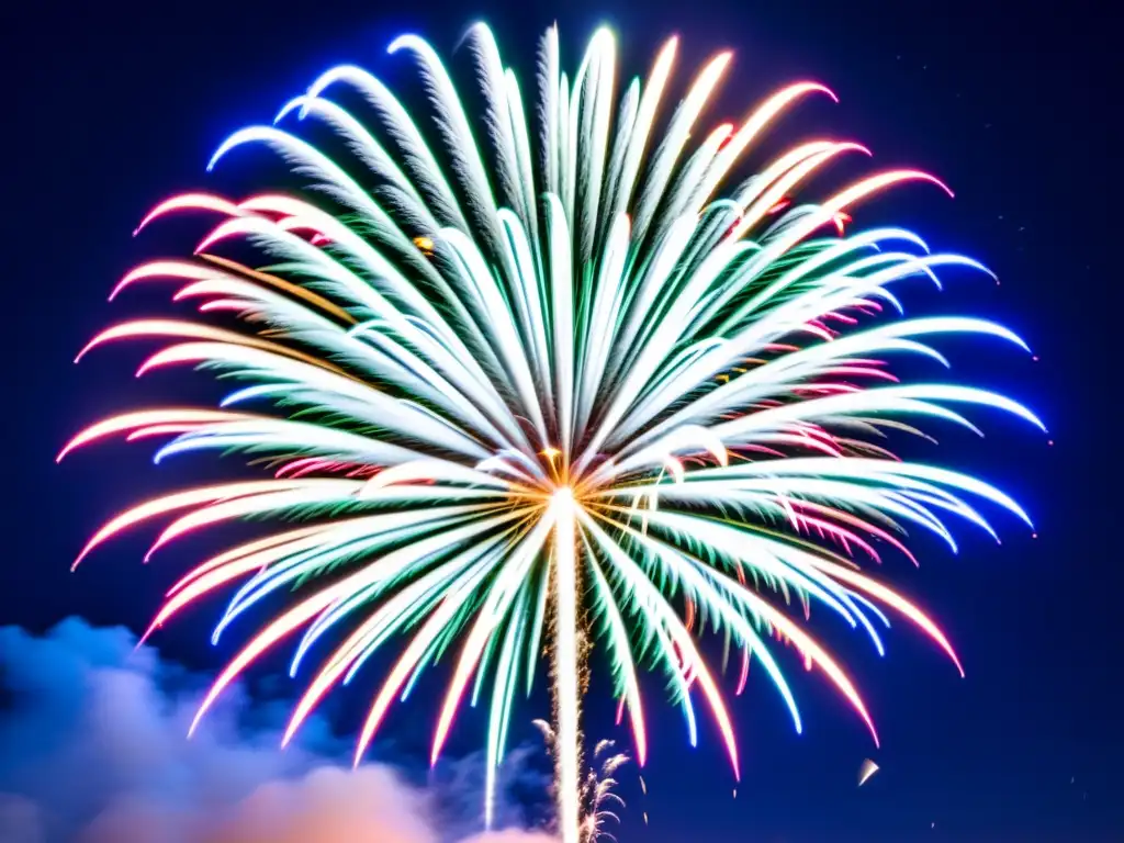 Espectáculo de fuegos artificiales iluminando el cielo nocturno con patrones celestiales, evocando la magia de las noches de celebración