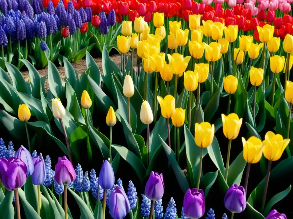 Espléndido patrón de alfombra de flores en Keukenhof, con tulipanes, narcisos y jacintos en un diseño vintage