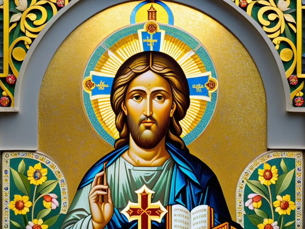 Mosaico bizantino de Jesucristo: esplendor divino Espléndido mosaico bizantino con patrones de oro, figuras de santos y Jesucristo en un halo de luz