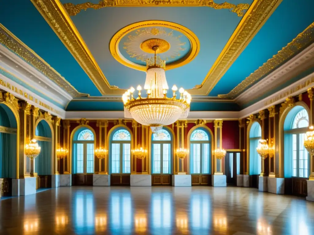 Espléndido salón del Palacio de Invierno con detalles dorados, columnas de mármol, candelabros de cristal y tapiz de la Rusia Imperial