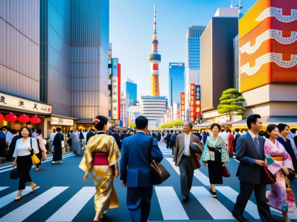 Una esquina bulliciosa de Tokio llena de gente vestida con kimonos vibrantes, creando un mosaico de patrones y colores