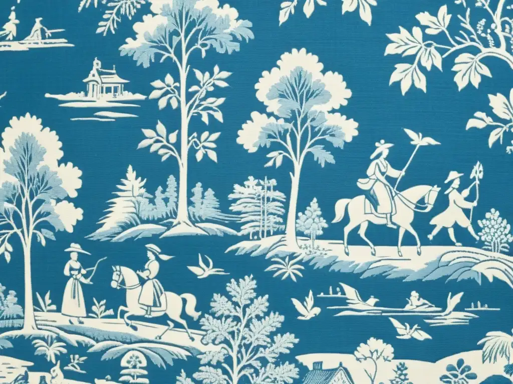 Estampados clásicos en la inversión textil: Detalle de tela vintage Toile de Jouy en tonos azules y blancos, evocando nostalgia y elegancia