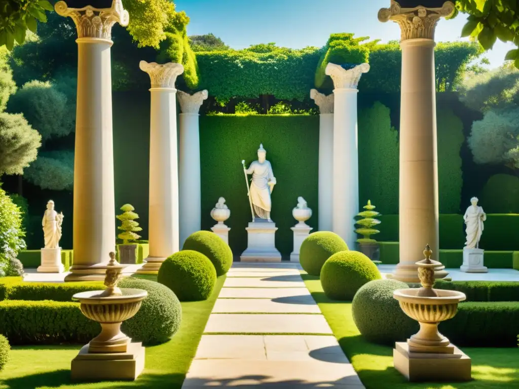 Jardín vintage con estatuas griegas, columnas de mármol y exuberante vegetación