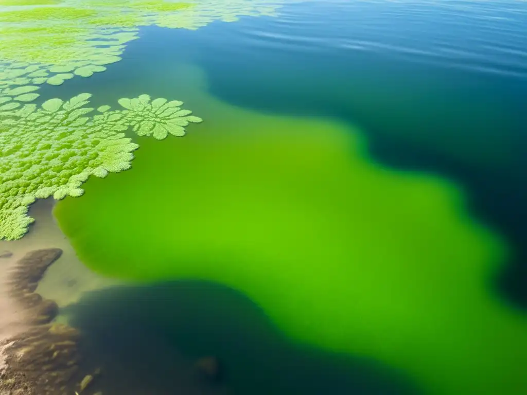 Estética de los patrones de algas: Detalle de algas verdes vibrantes meciéndose en el agua cristalina, con juegos de luz y sombra hipnóticos