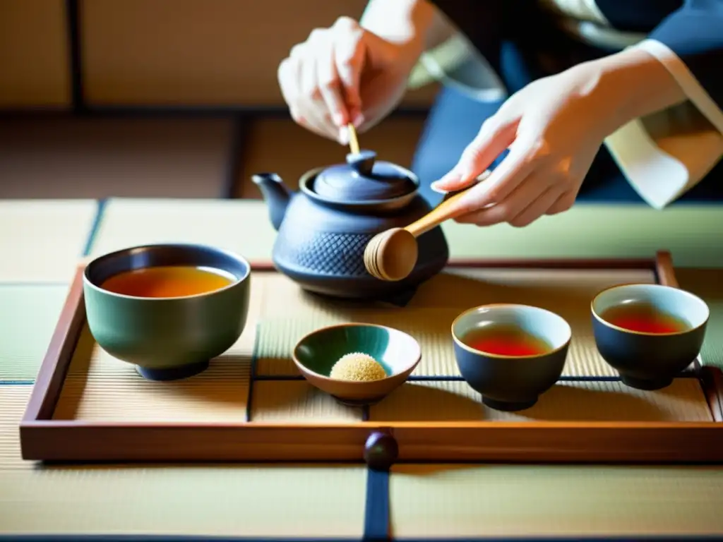 Una fotografía de alta resolución con estilo vintage de una ceremonia tradicional japonesa del té, destacando los patrones intrincados del juego de té y la atmósfera serena